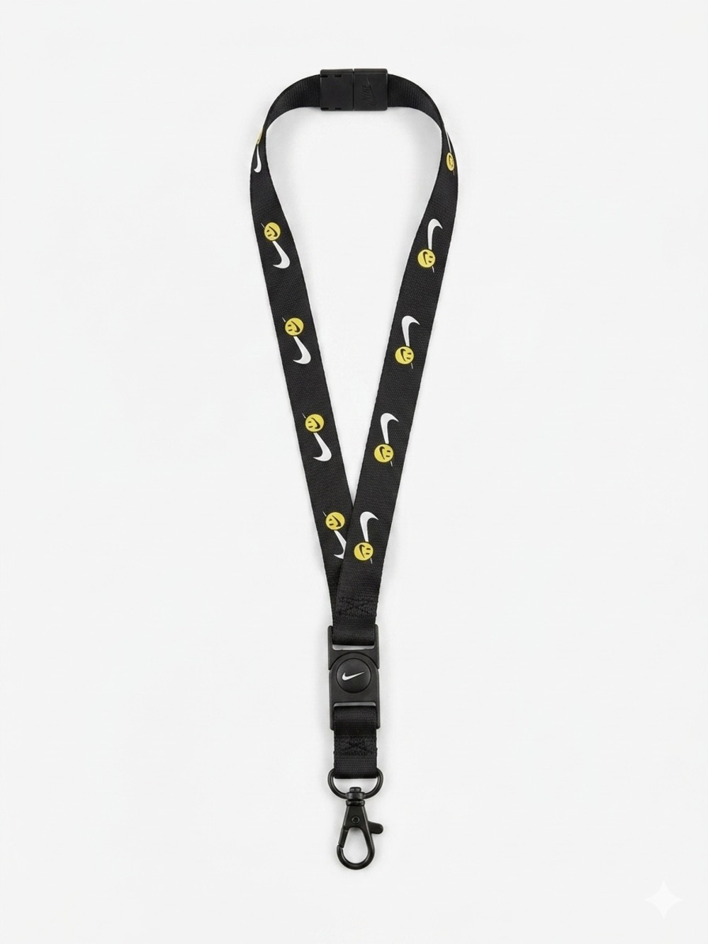 Nike Black Lanyard with White Swooshes and Yellow Smile Icons